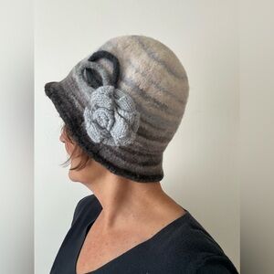 Homemade Wool Bucket Hat w/ Knit Flower Accent, Gray/Dark Gary/Cream